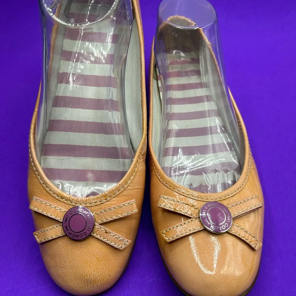 Coach Tan Leather Ballet Flats with Purple Button Detail